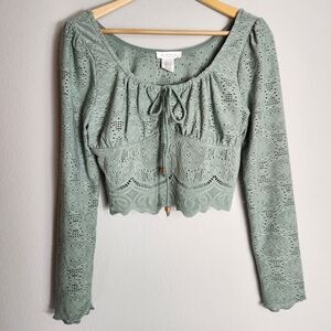 Kirious Los Angeles Womens Sage Green Long Sleeve Eyelet Crop Top-Size L